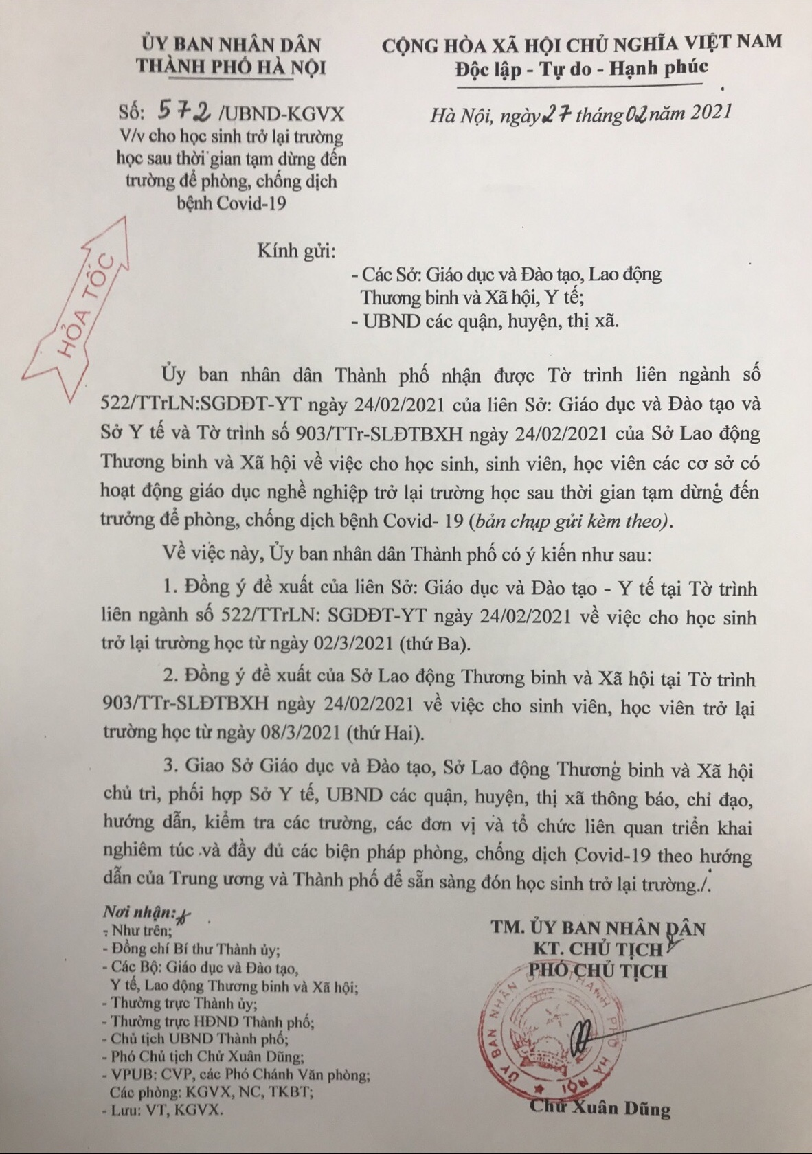 Thông báo học sinh đi học trở lại từ ngày 02.03.2021