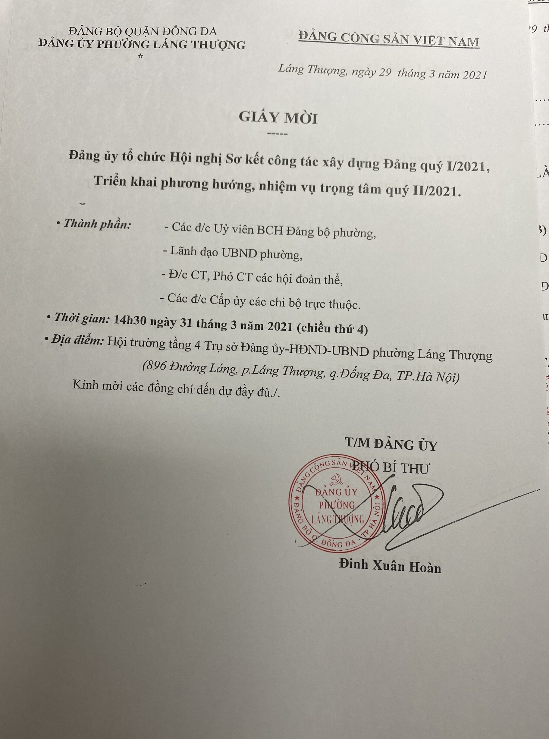 Giấy mời Hội nghị sơ kết công tác xây dựng Đảng