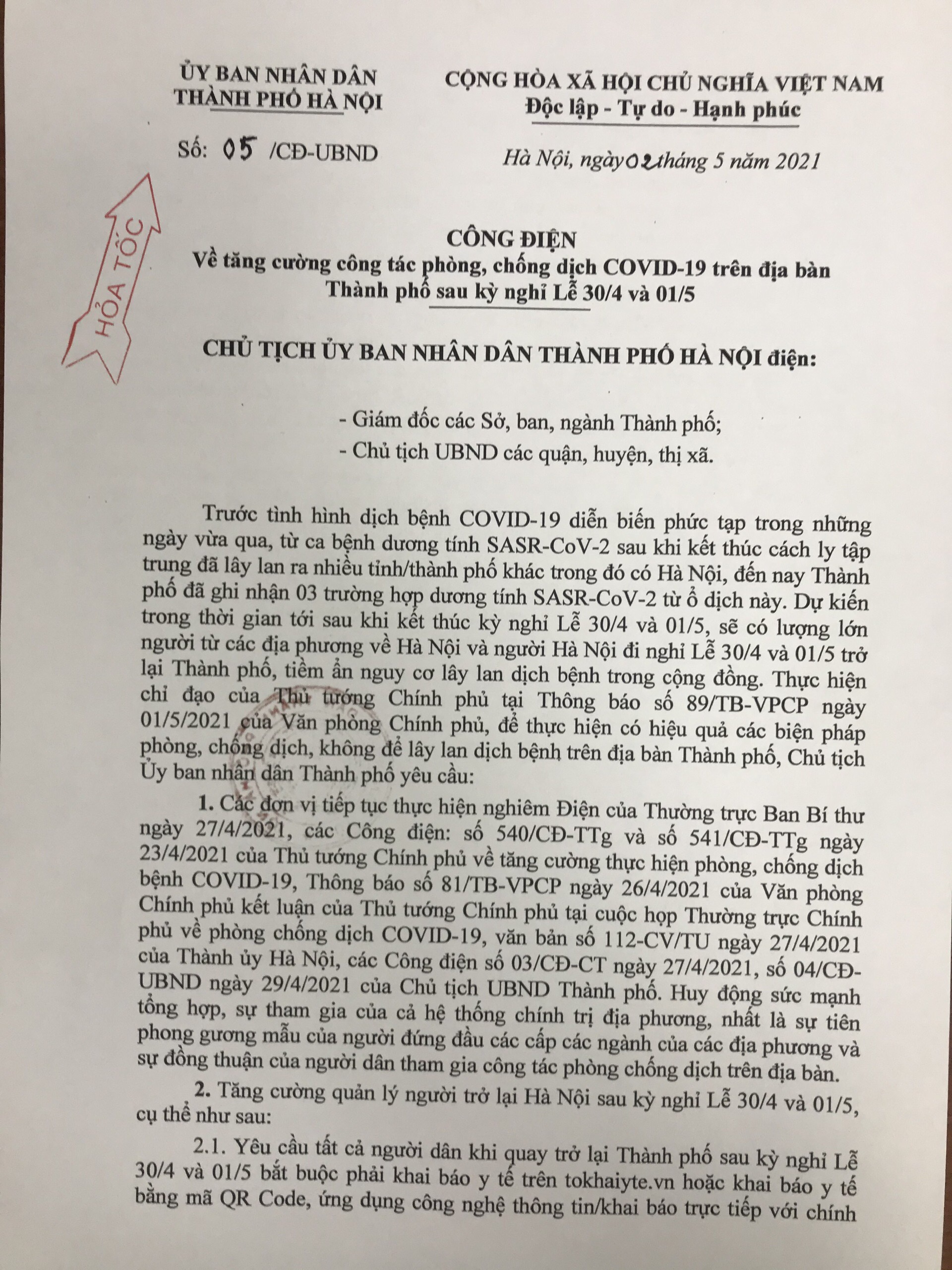 Công điện của UBND TP Hà Nội về tăng cường phòng chống dịch COVID-19 trên địa bàn thành phố sau dịp nghỉ lễ 30-4 và 1-5.