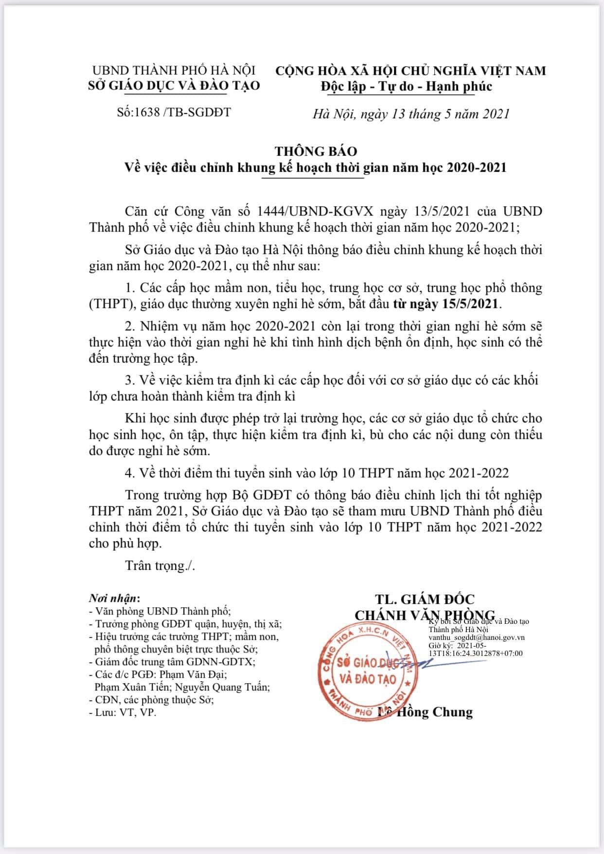 Thông báo về việc điều chỉnh khung thời gian kế hoạch năm học 2020 – 2021 của Sở GD-ĐT Hà Nội