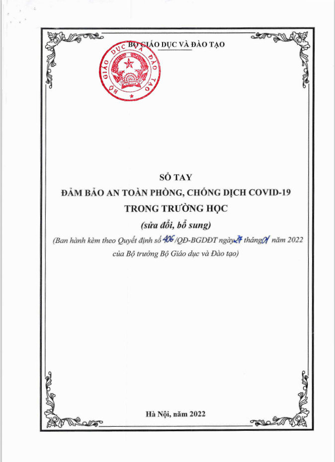 Sổ tay đảm bảo an toàn, phòng chống dịch covid 19 trong trường học của Bộ GD-ĐT ban hành ngày 27/01/2022.