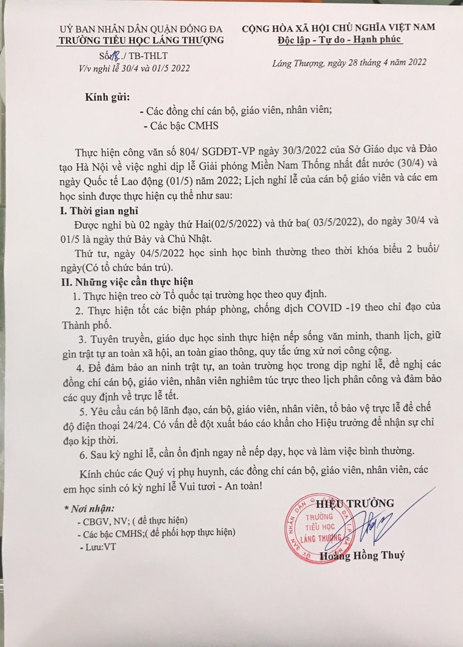 Thông báo nghỉ lễ 30.4 và 1.5