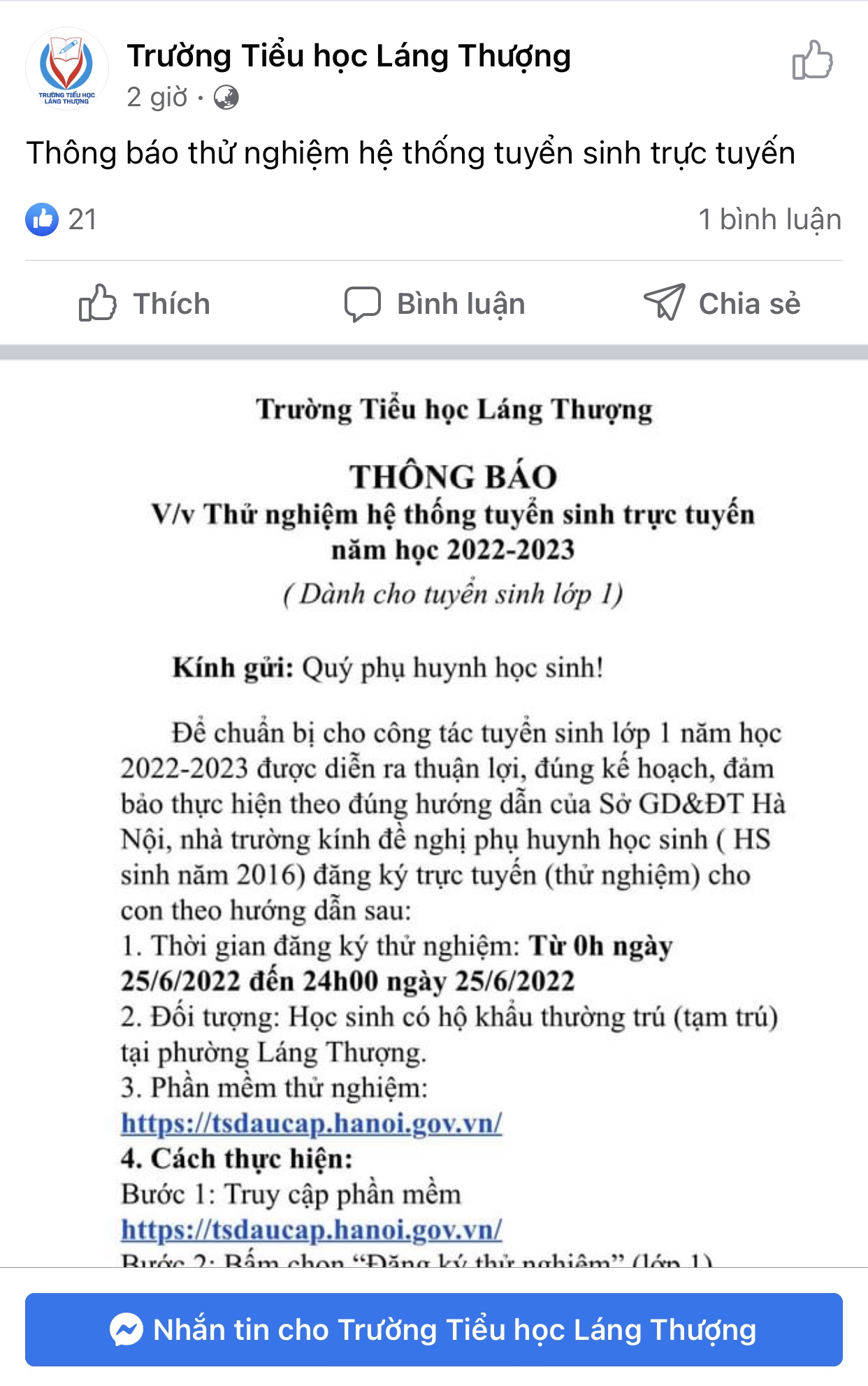 Thông báo thử nghiệm hệ thống tuyển sinh trực tuyến