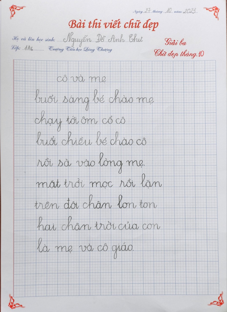 Bài thi “Chữ đẹp” cấp trường – tháng 10/2023