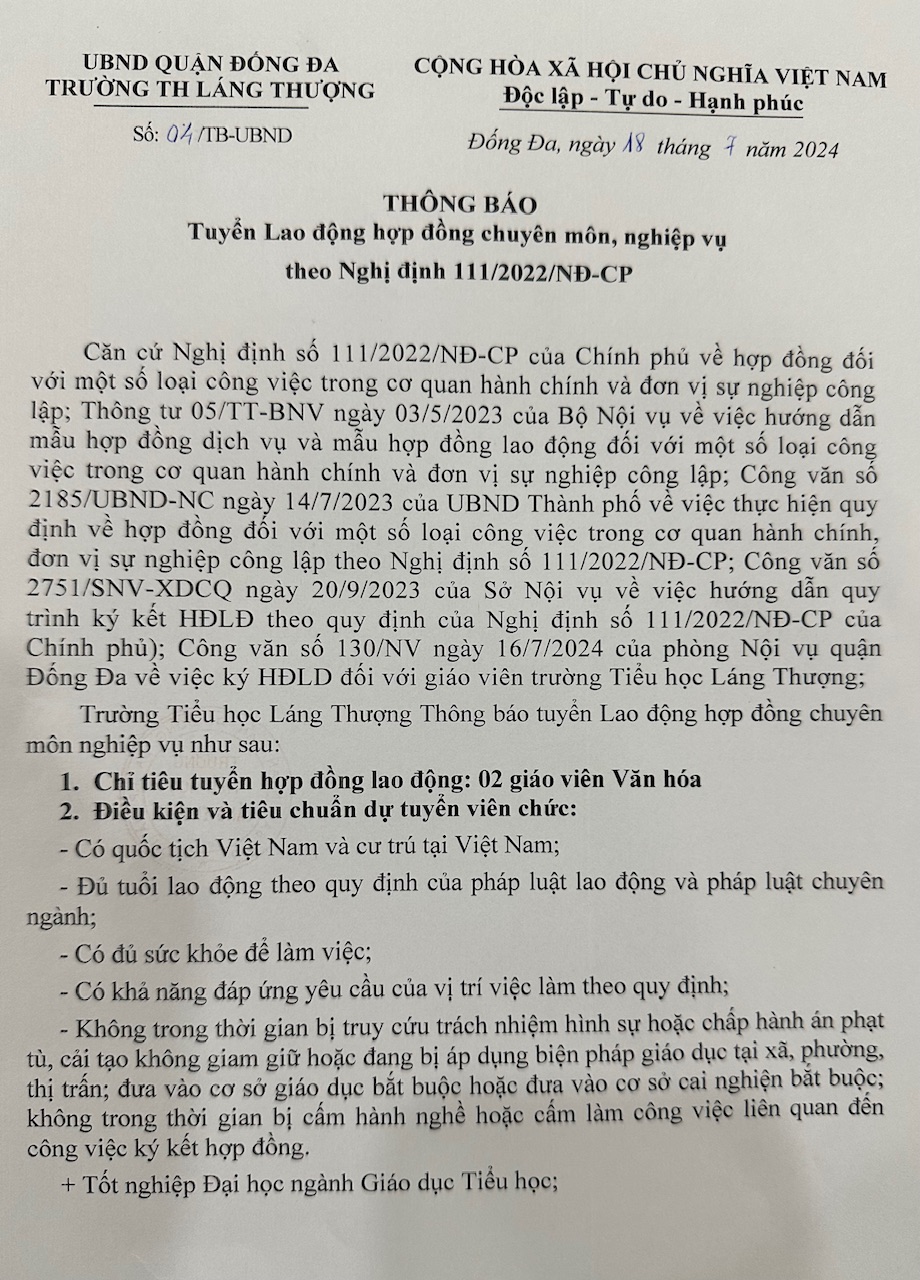 Thông báo tuyển Lao động hợp đồng chuyên môn, nghiệp vụ theo Nghị định 111/2022/NĐ-CP