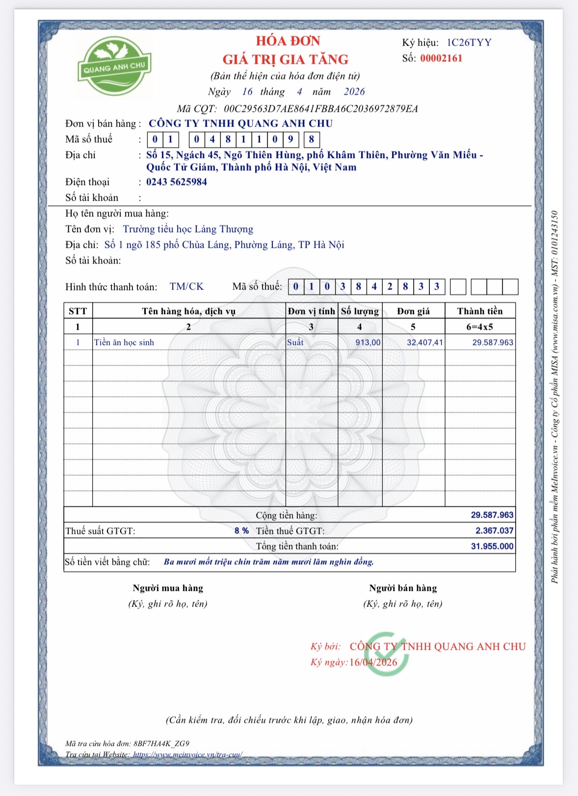 Hoá đơn ngày 16.4.2026