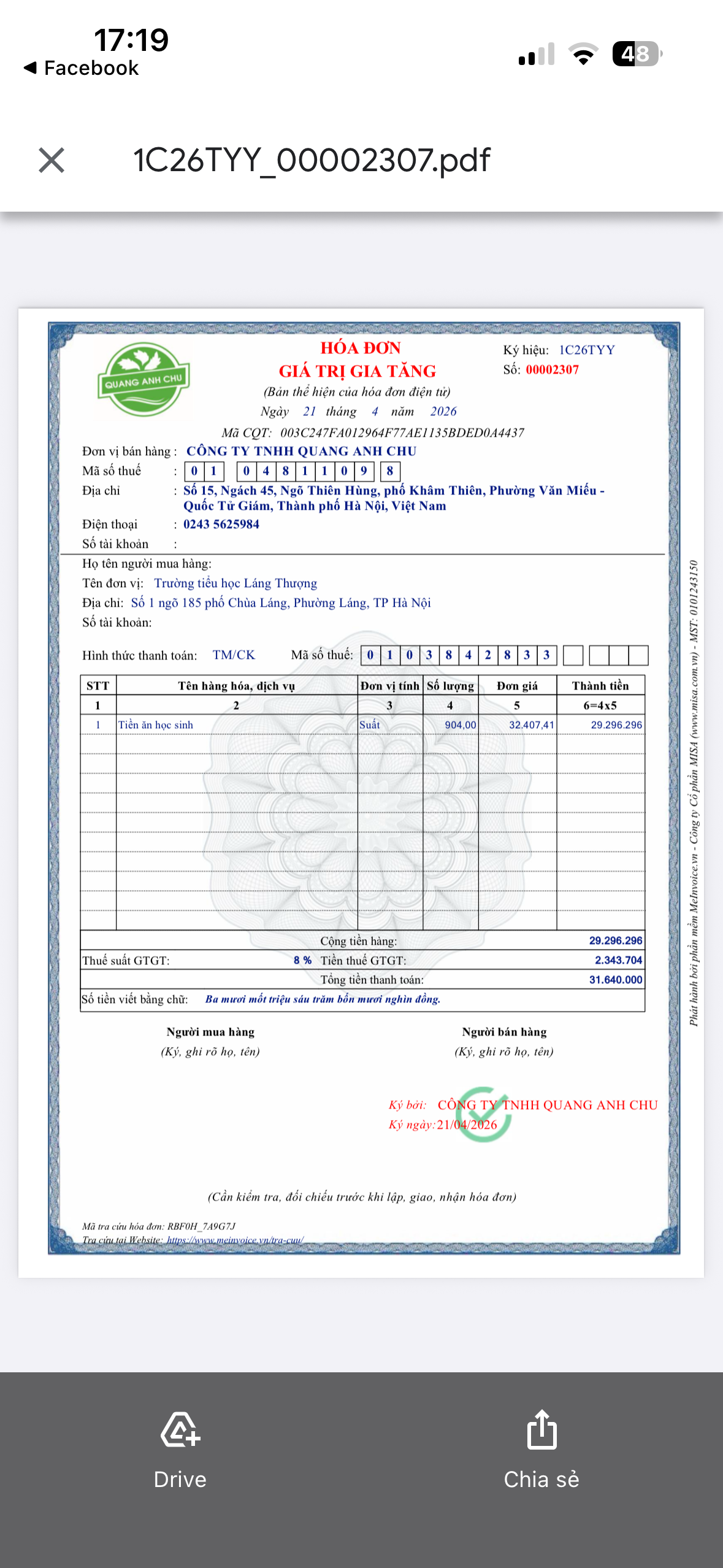 Hoá đơn ngày 21.4.2026