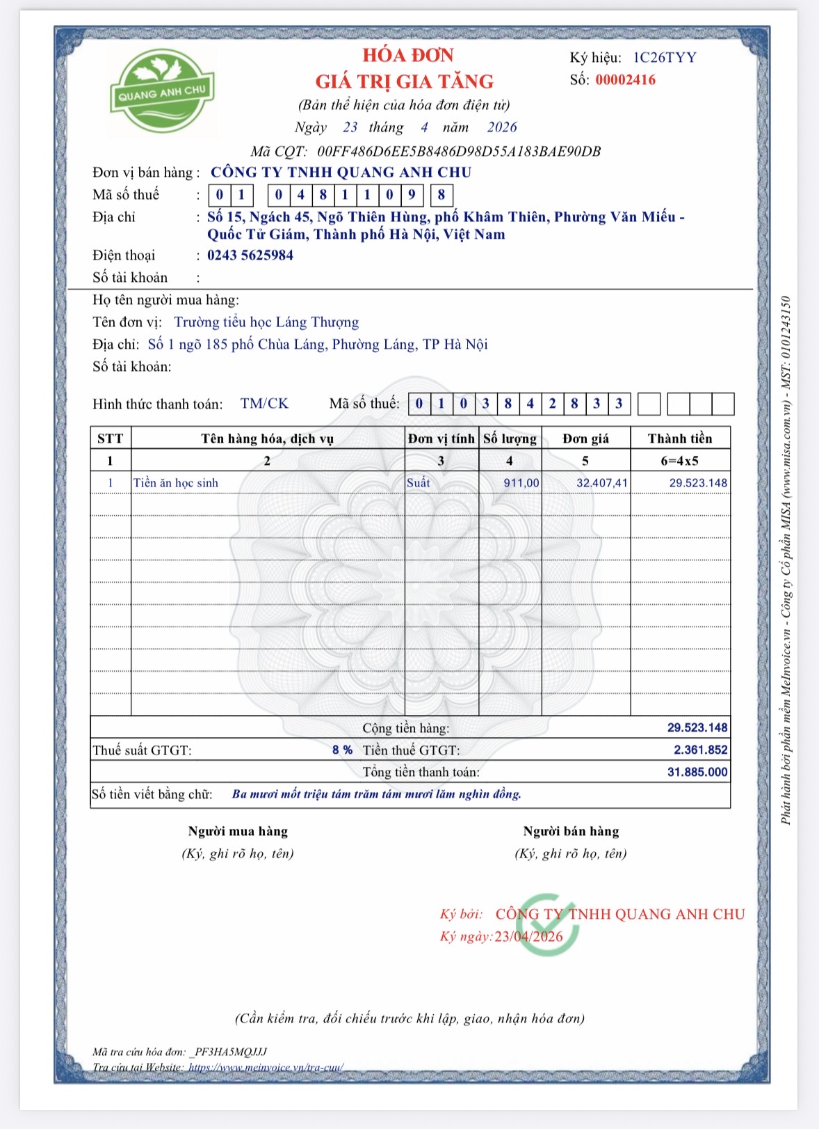Hoá đơn ngày 23.4.2026