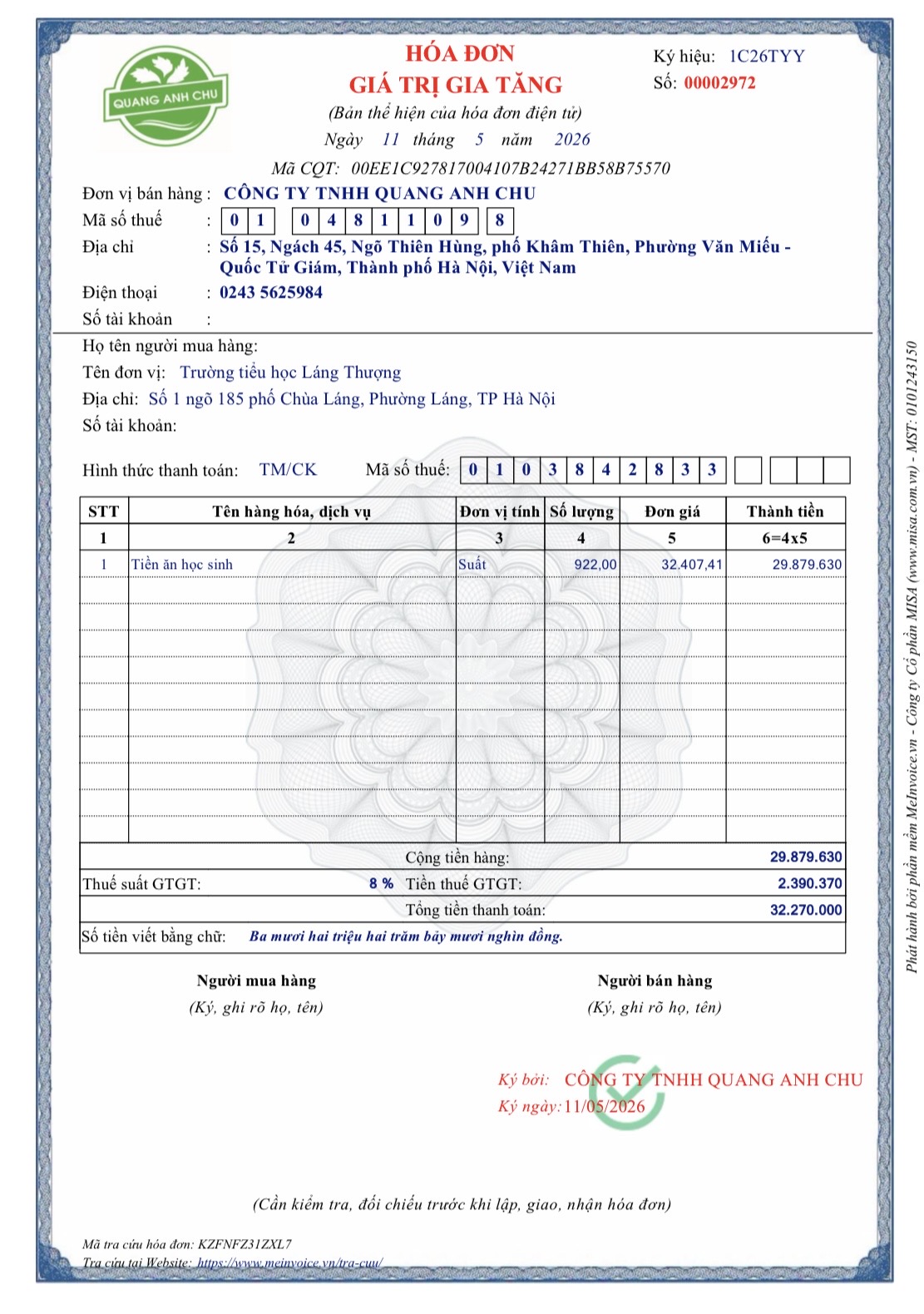 Hoá đơn ngày 11.5.2026