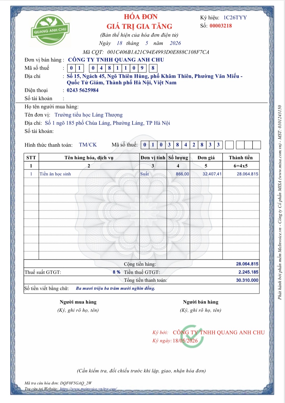 Hoá đơn ngày 18.5.2026