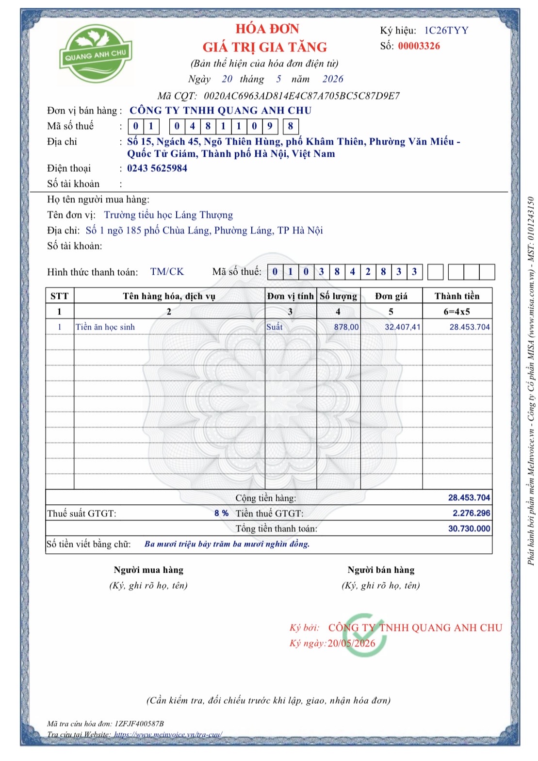 Hoá đơn ngày 20.5.2026