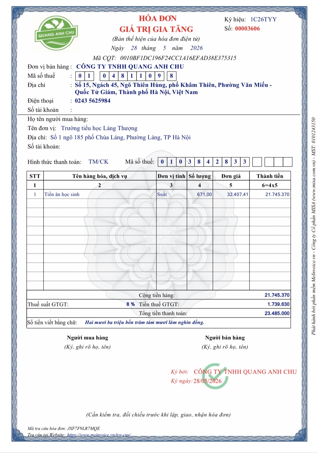 Hoá đơn ngày 28.5.2026