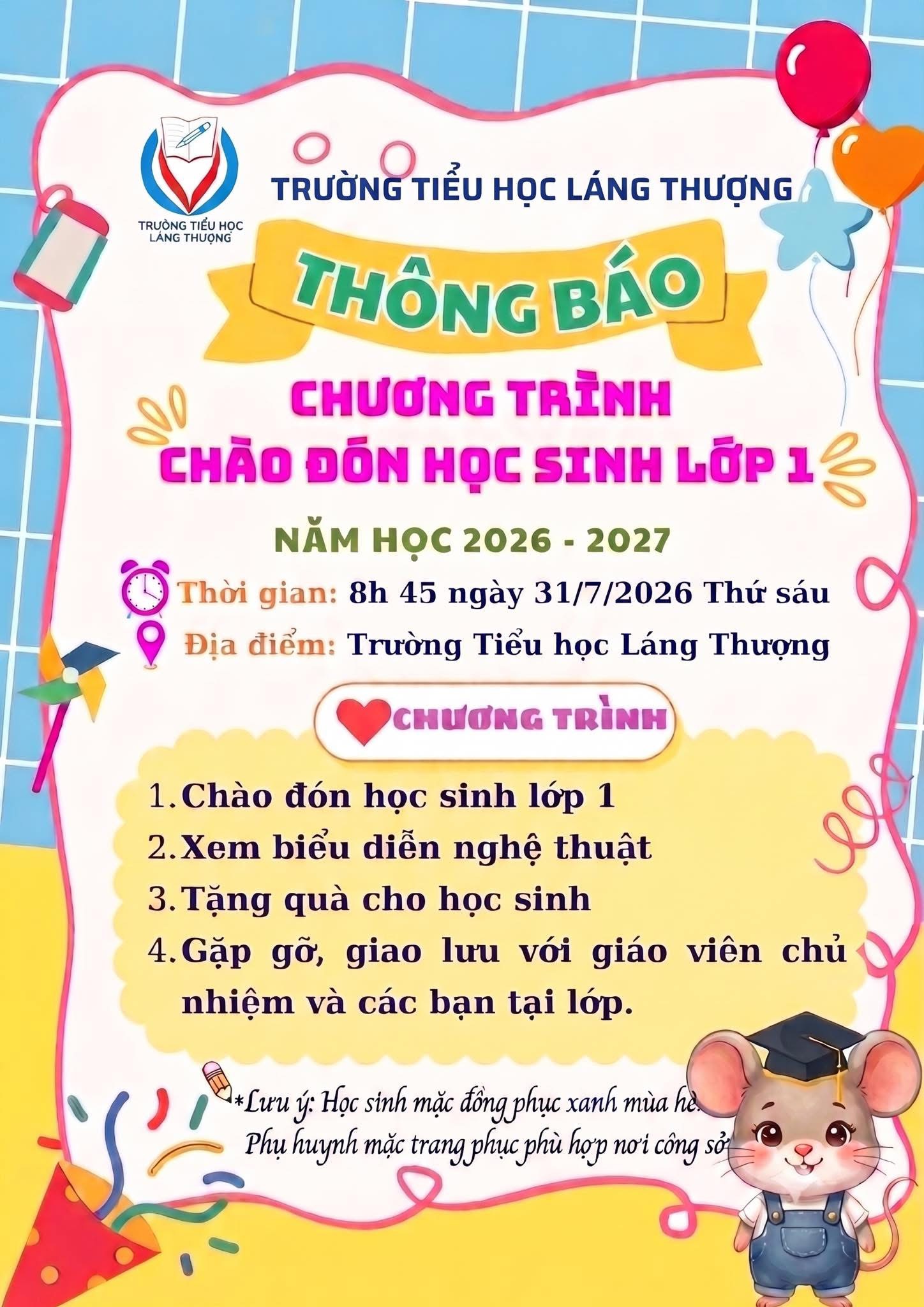 ✈️ Thông báo chương trình chào đón học sinh lớp 1 năm học 2026–2027 💙